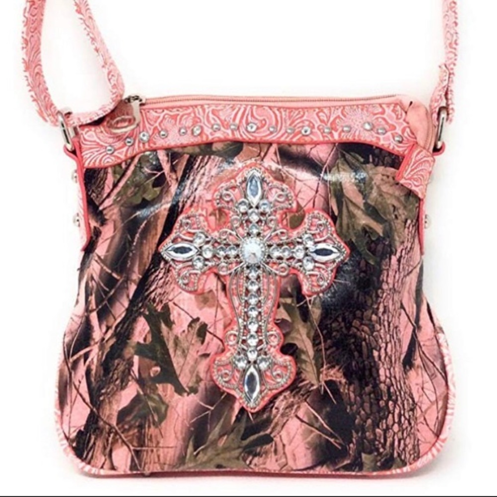 GENUINE LEATHER RHINESTONE CROSS MESSENGER BAG